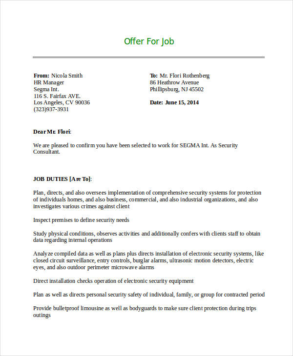 security consultant job offer letter example