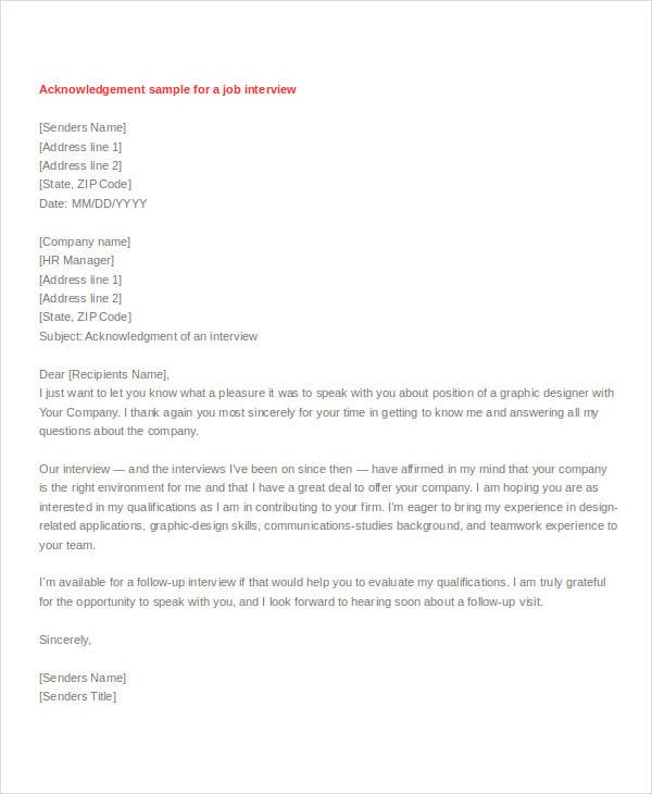 acknowledgement letter for job interview