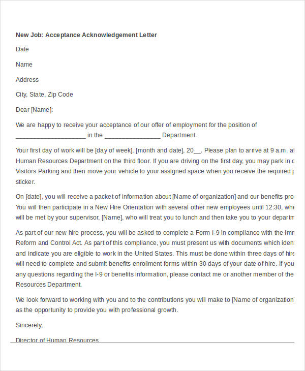 job acceptance acknowledgement letter template