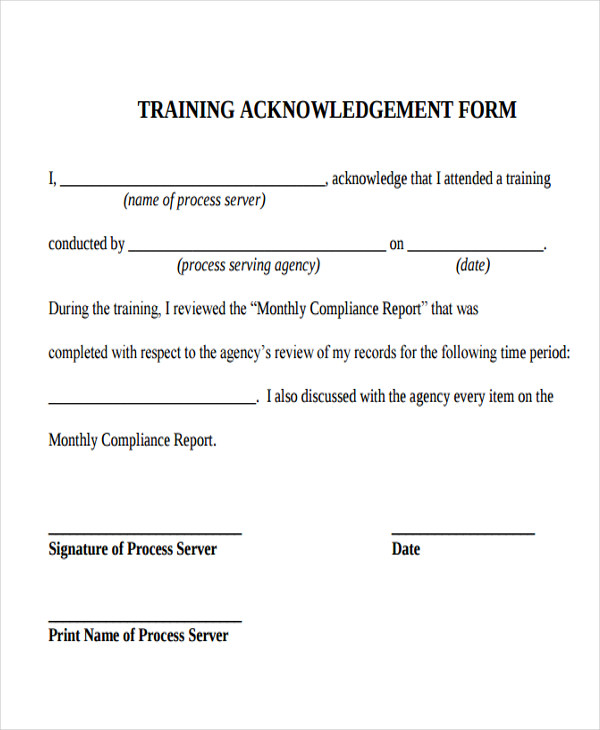 Training Acknowledgement Form Template