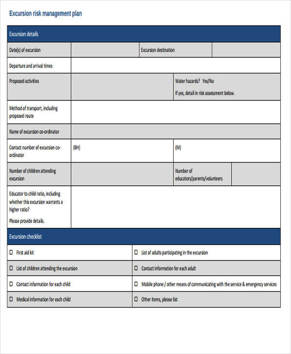 risk management plan template for child care