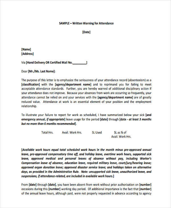 6+ Staff Warning Letter Template - 6+ Free Word, PDF ...