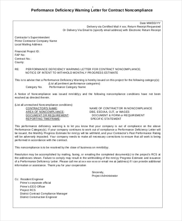 warning letter to contractor for delay of work