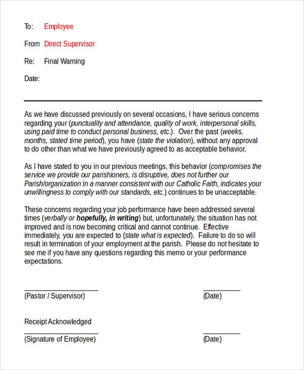 Warning letter to employee for misconduct