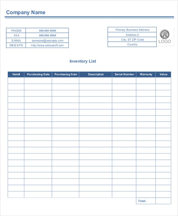 printable business inventory list template