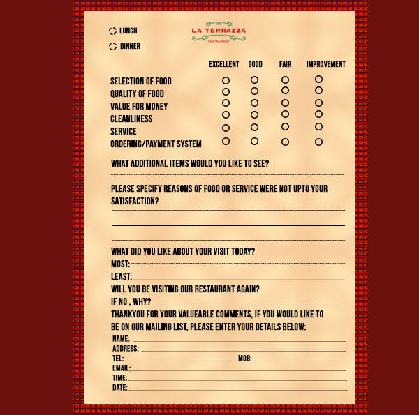 restaurant customer comment card