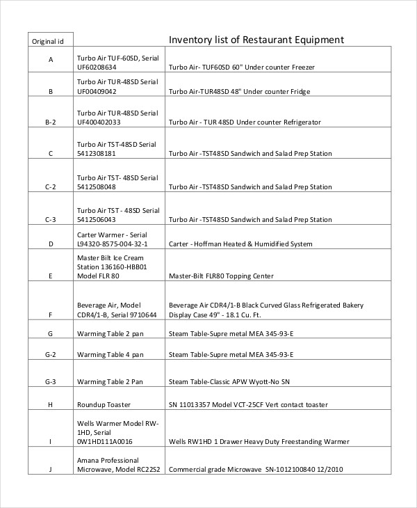 restaurant equipment inventory list template