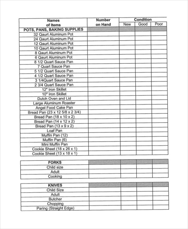 restaurant kitchen inventory list template