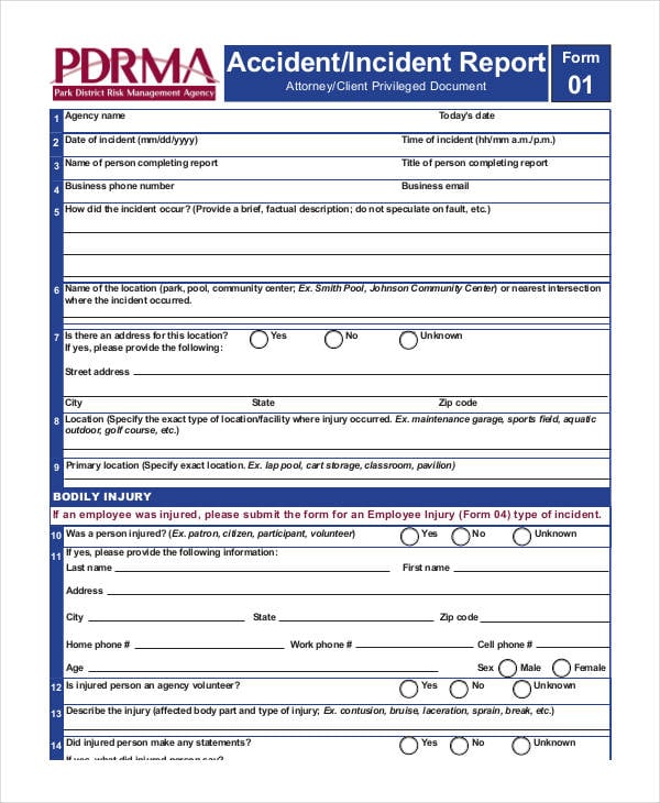 blank accident incident report form