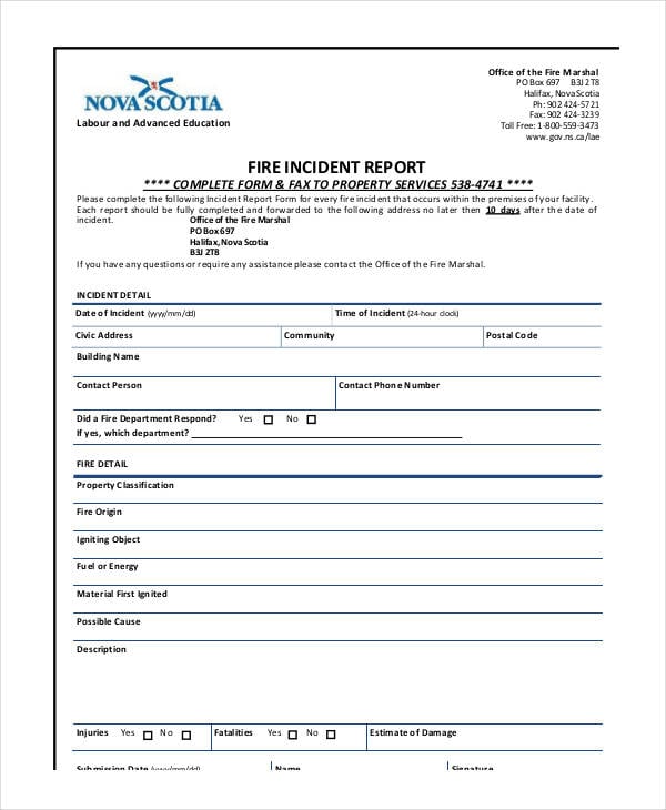 blank fire incident report template