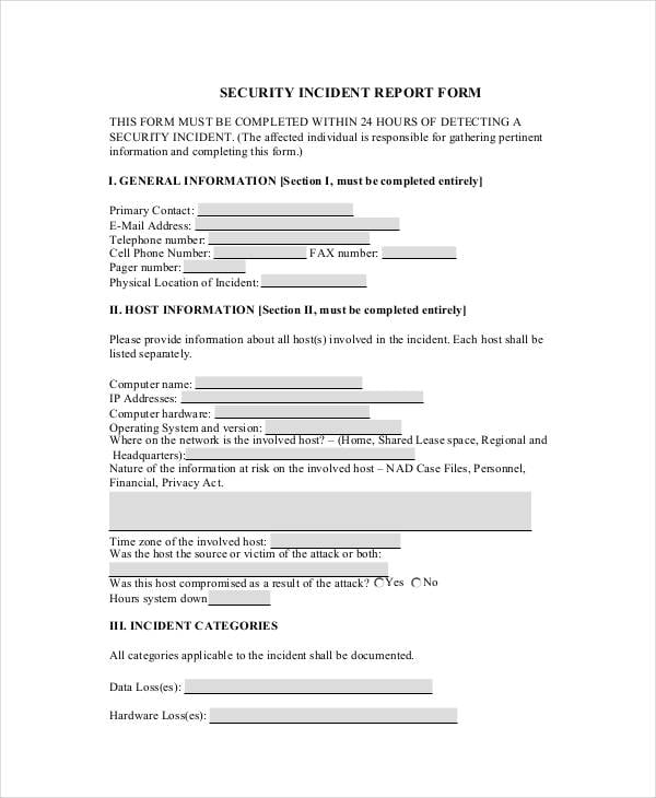blank security incident report form