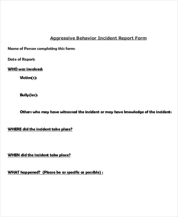 aggressive behavior incident report template