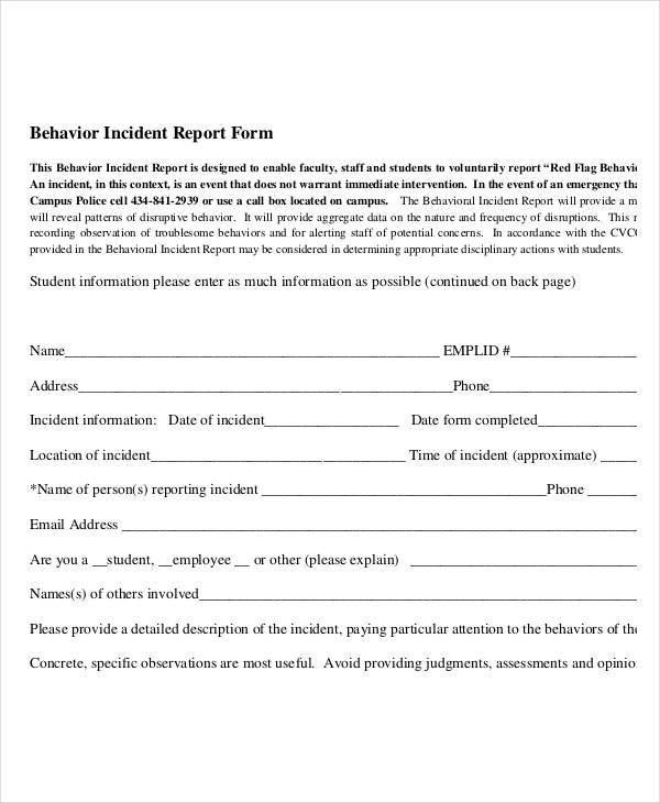 behavior incident report form