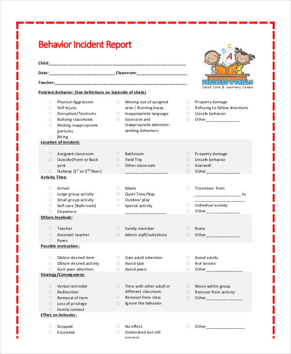 kids behavior incident report template