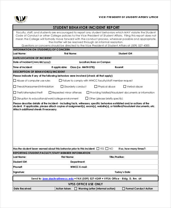 student behavior incident report template