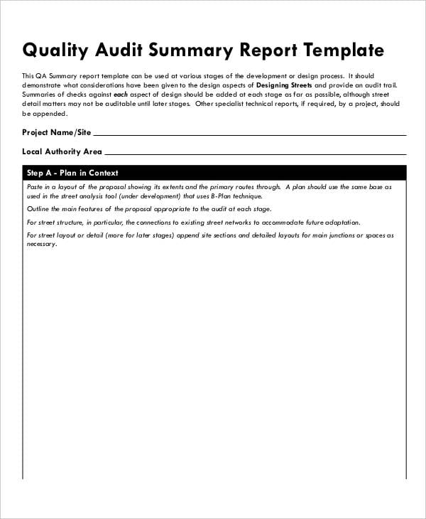 quality audit summary report template