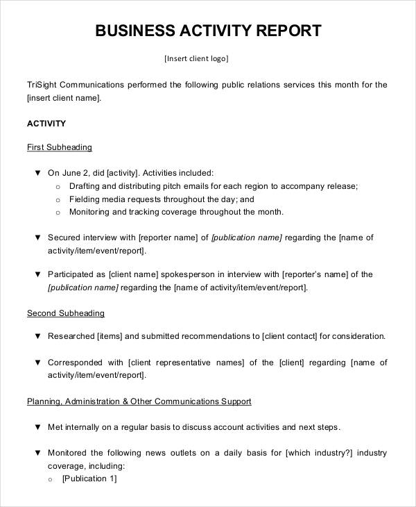 business activity report format