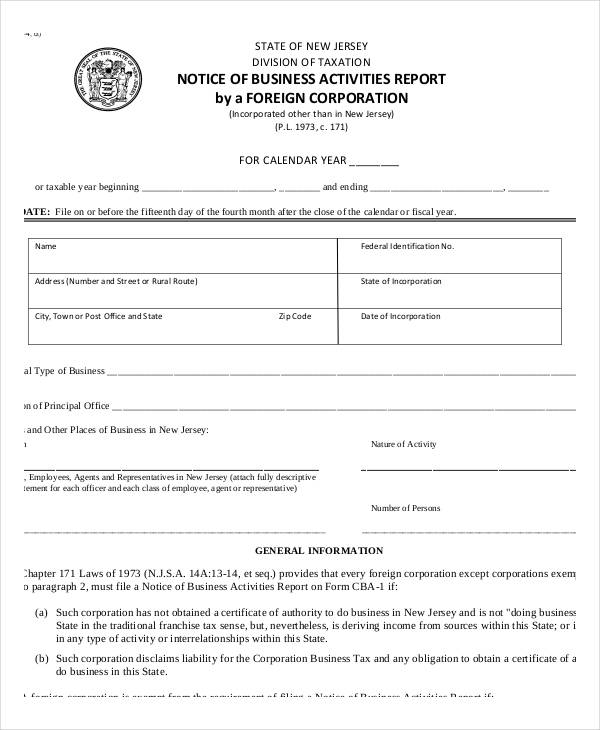 notice of business activity report template
