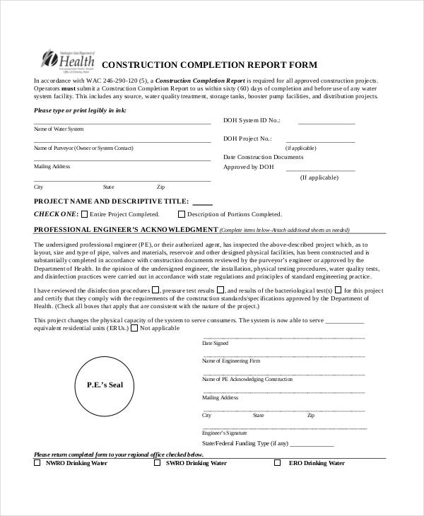 construction project completion report template