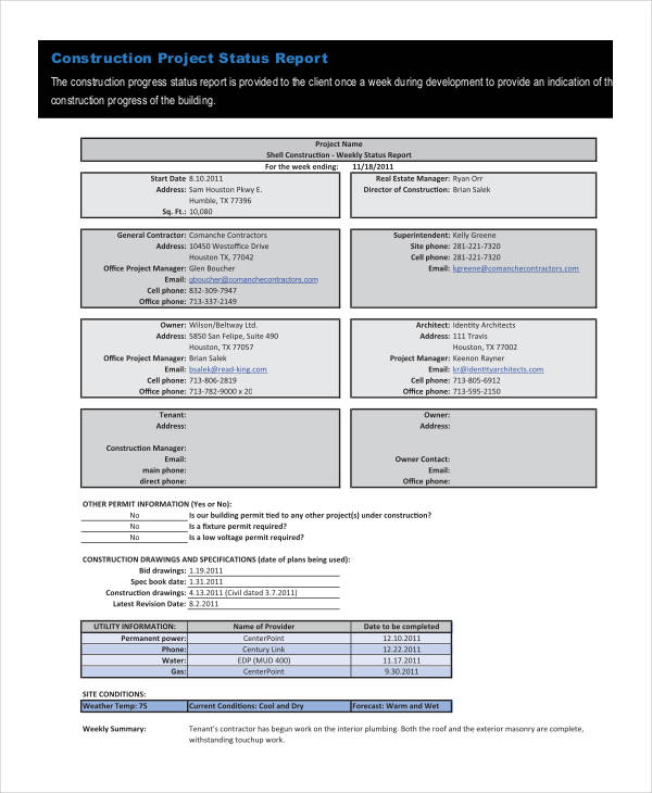 construction project status report template