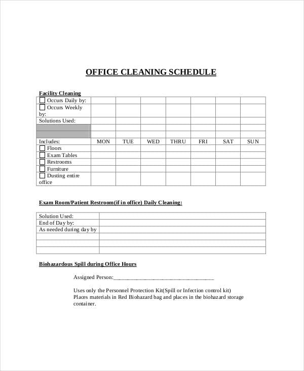 office cleaning schedule printable