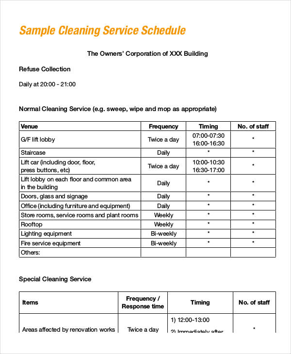 Office Cleaning Schedule Chart