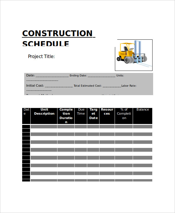 Construction Work Schedule Templates 6+ Free Word, PDF Documents