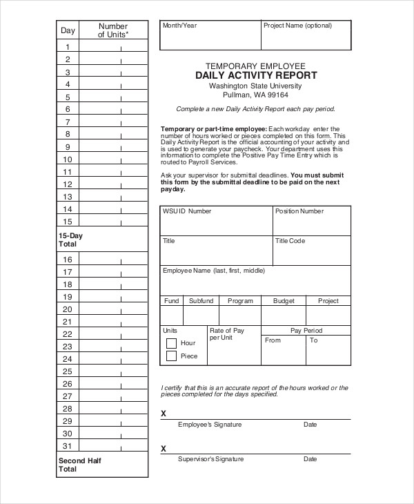 Daily Activity Report Template Word  thebandtheband