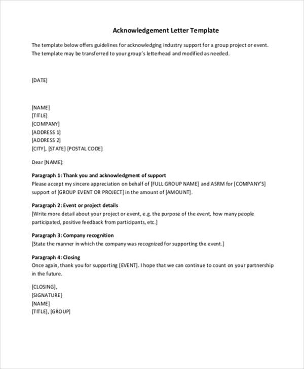 company acknowledgement letter template in pdf