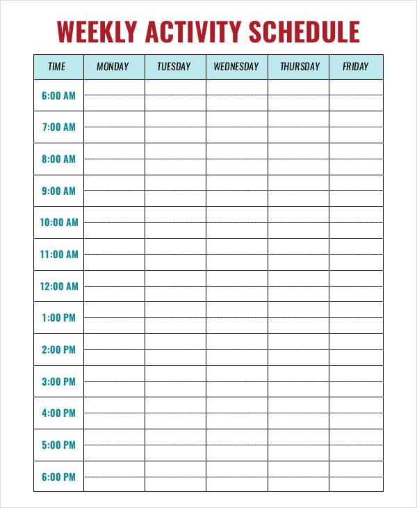 Weekly Activity Schedule Template 6+ Free Word, PDF Format Download!