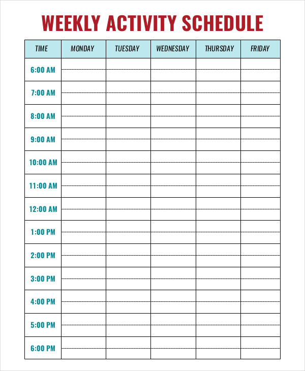 weekly activity schedule template 6 free word pdf format download