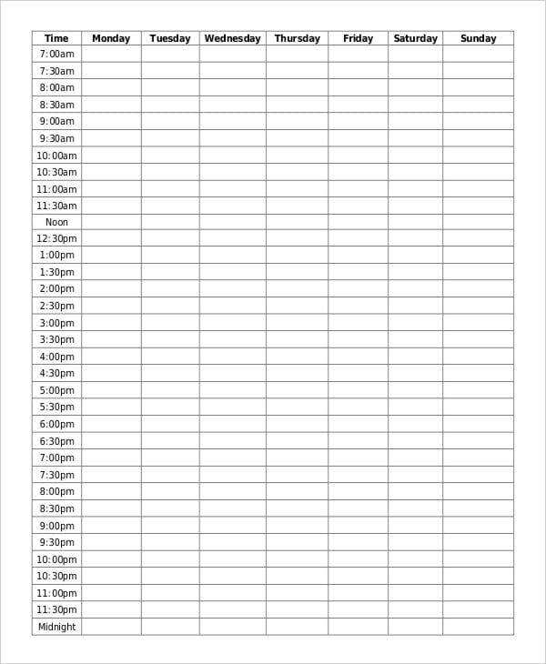 blank weekly school schedule template