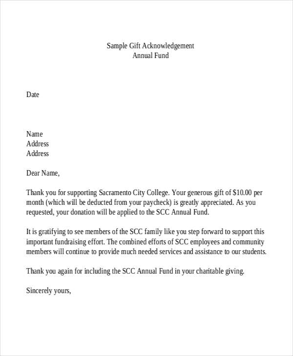 Gift Acknowledgement Letter Template For Annual Fund