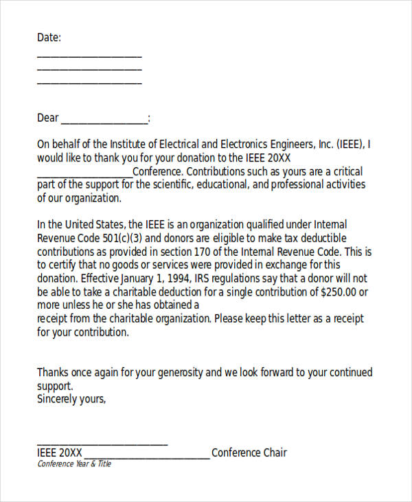 donation receipt acknowledgement letter template
