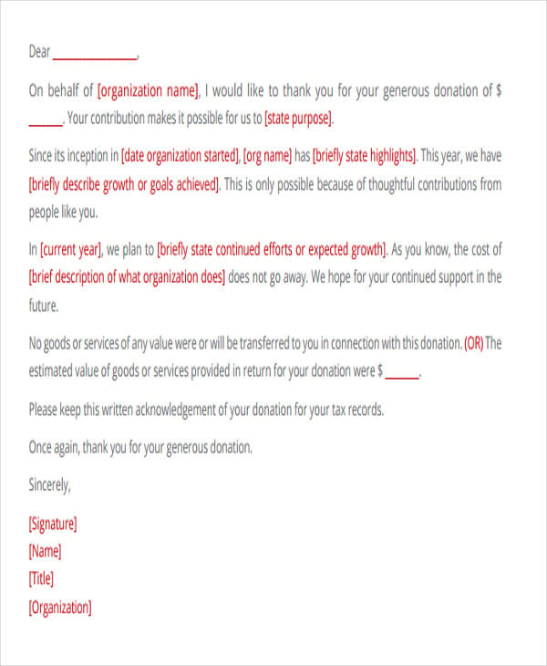 donation acknowledgement thank you letter template