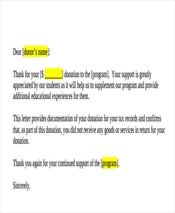 donation acknowledgement administrative letter template