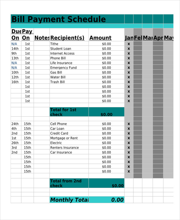 free printable bill payment schedule template