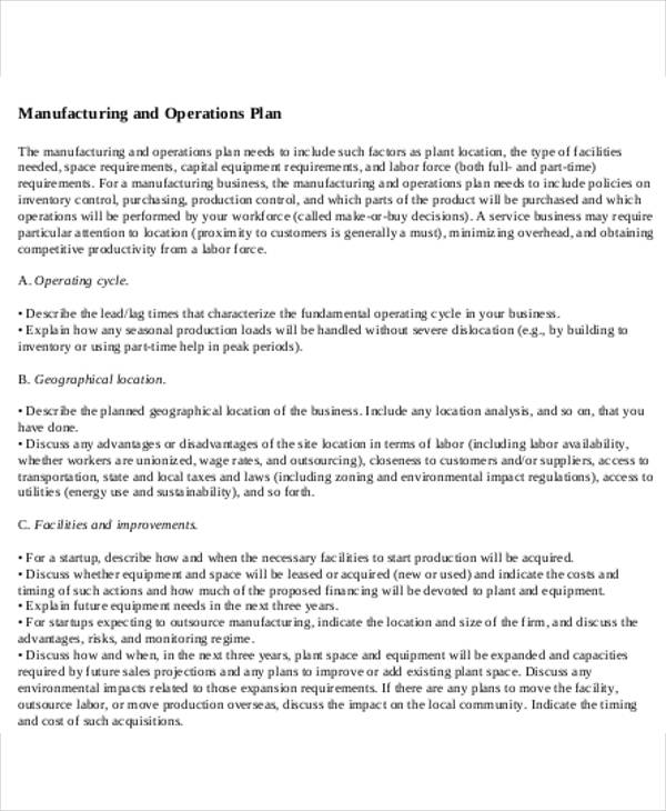 manufacturing and operation plan template