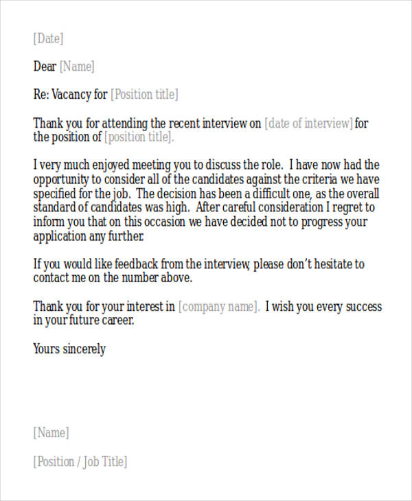 mail to candidate for not attending interview