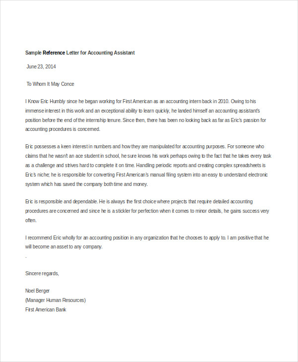 assistant accountant reference letter template