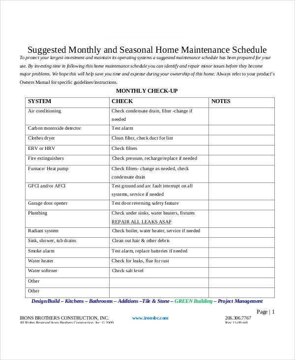 monthly home maintenance schedule template