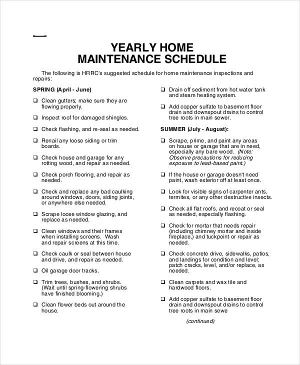yearly home maintenance schedule template1