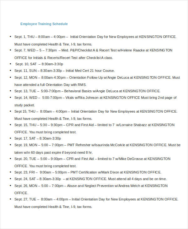 basic employee training schedule template