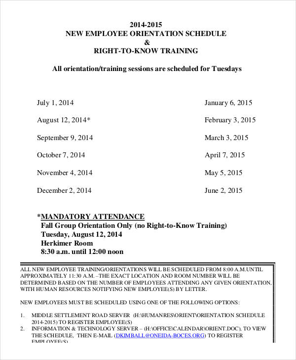 employee orientation training schedule template