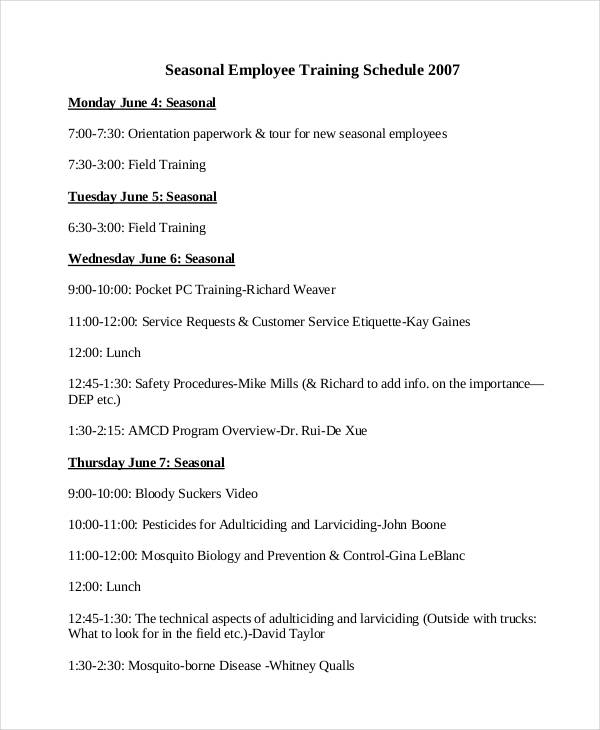 seasonal employee training schedule template