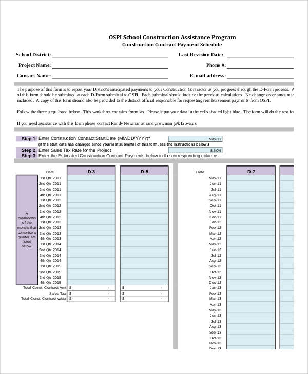 construction contract payment schedule template