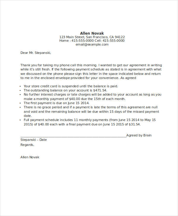 payment agreement letter template