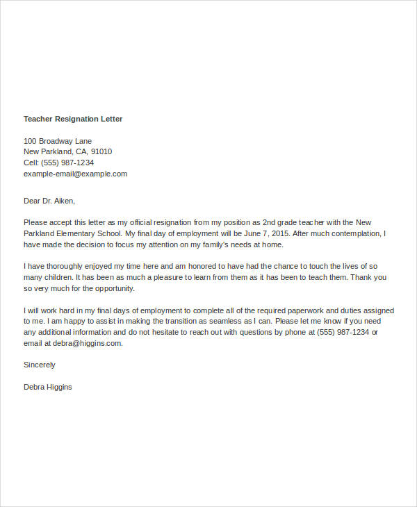 teacher resignation letter template
