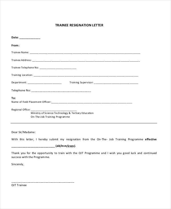 trainee resignation letter example