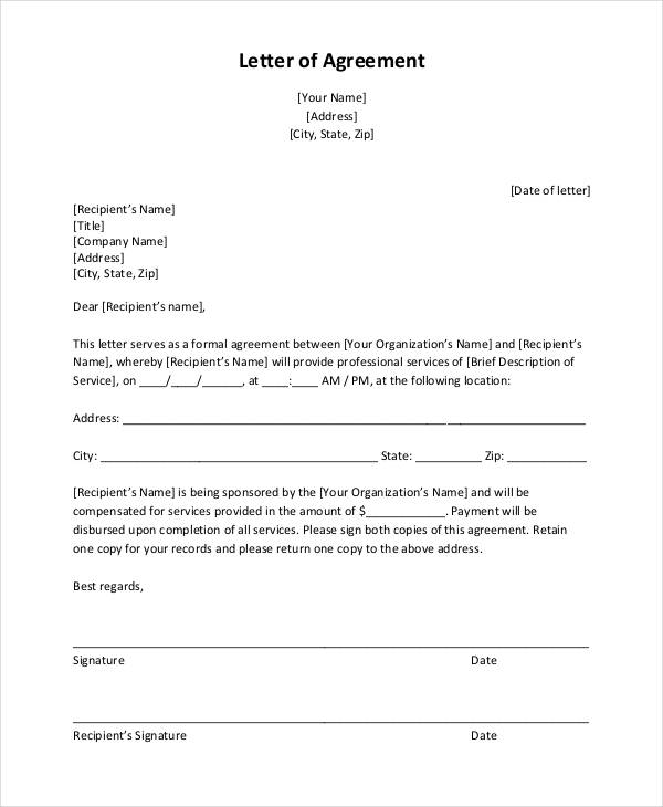 letters formal 8 agreement Example Agreement Letter  Template  8 Sample, Free